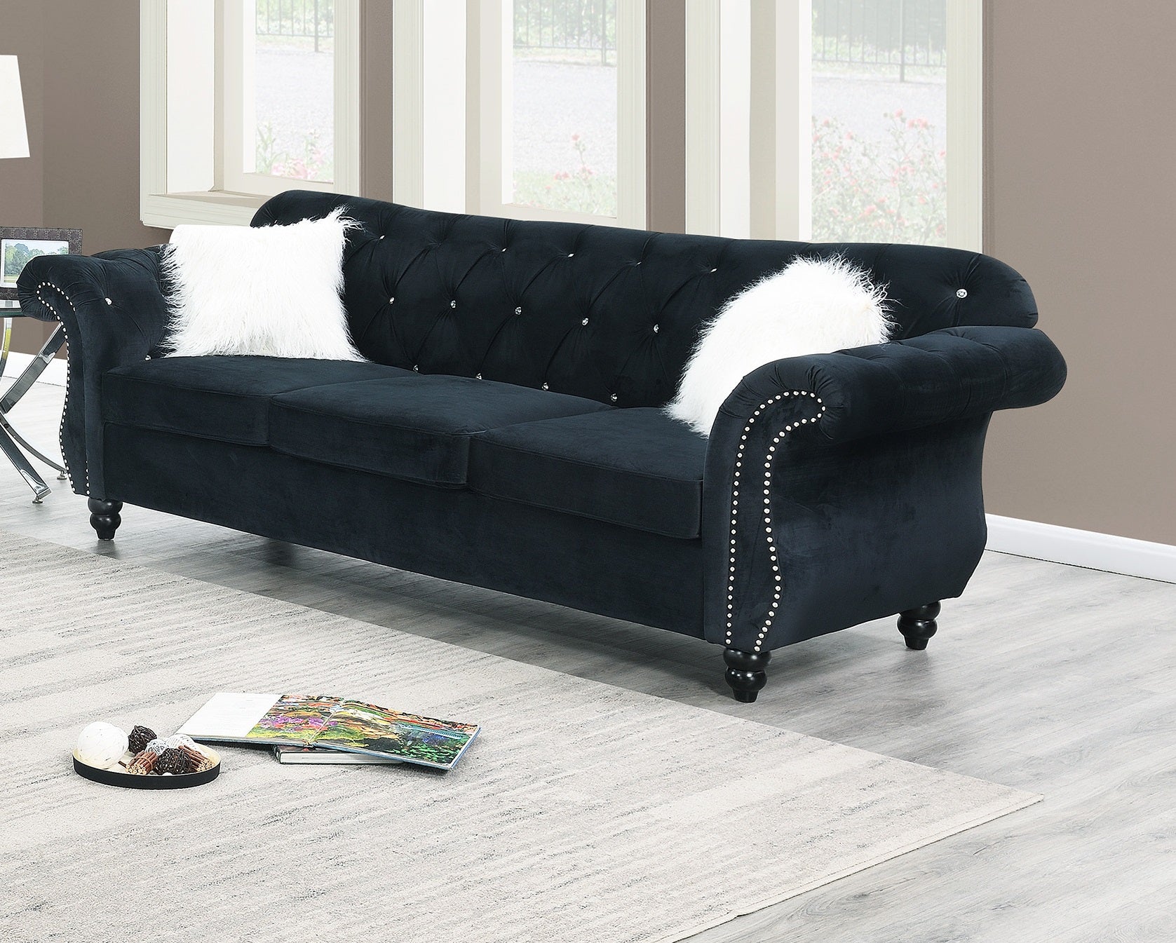 Formal Luxury Look 1pc Black Velvet Sofa w Pillows Living Room Furniture Couch