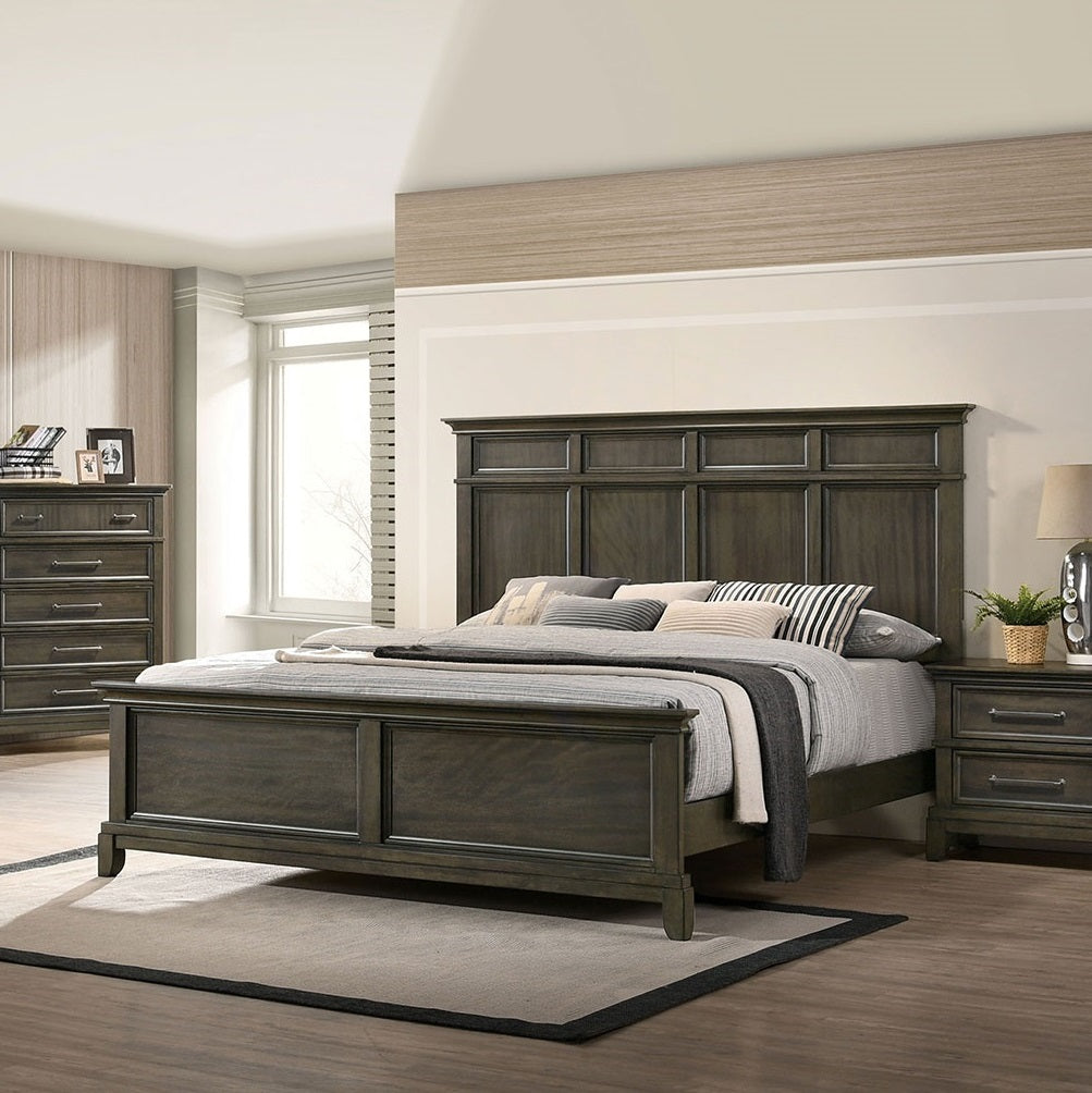 Bedroom Furniture Traditional 1pc Queen Size Bed Panel Style Headboard Gray Color Solidwood Bedframe Crown Molding Details