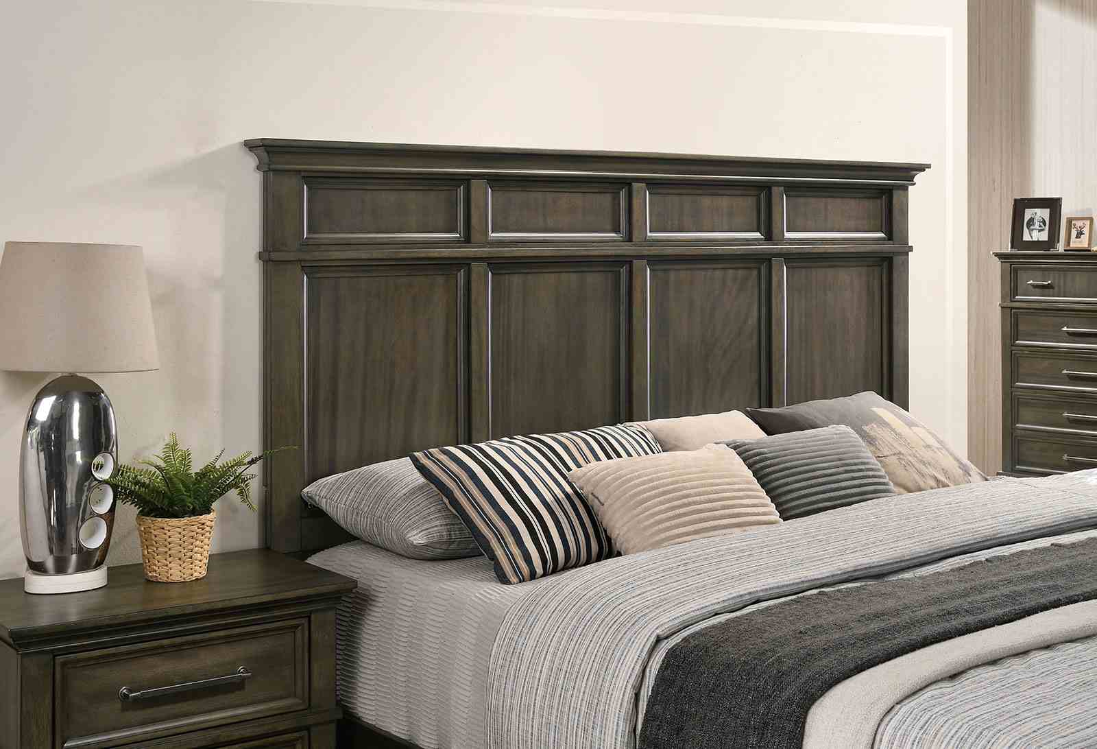 Bedroom Furniture Traditional 1pc Queen Size Bed Panel Style Headboard Gray Color Solidwood Bedframe Crown Molding Details
