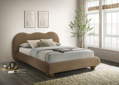 Brown Color 1pc Queen Size Bed Boucle Upholstered Round Bun Wood Feet Bedroom Furniture