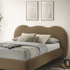Brown Color 1pc Queen Size Bed Boucle Upholstered Round Bun Wood Feet Bedroom Furniture