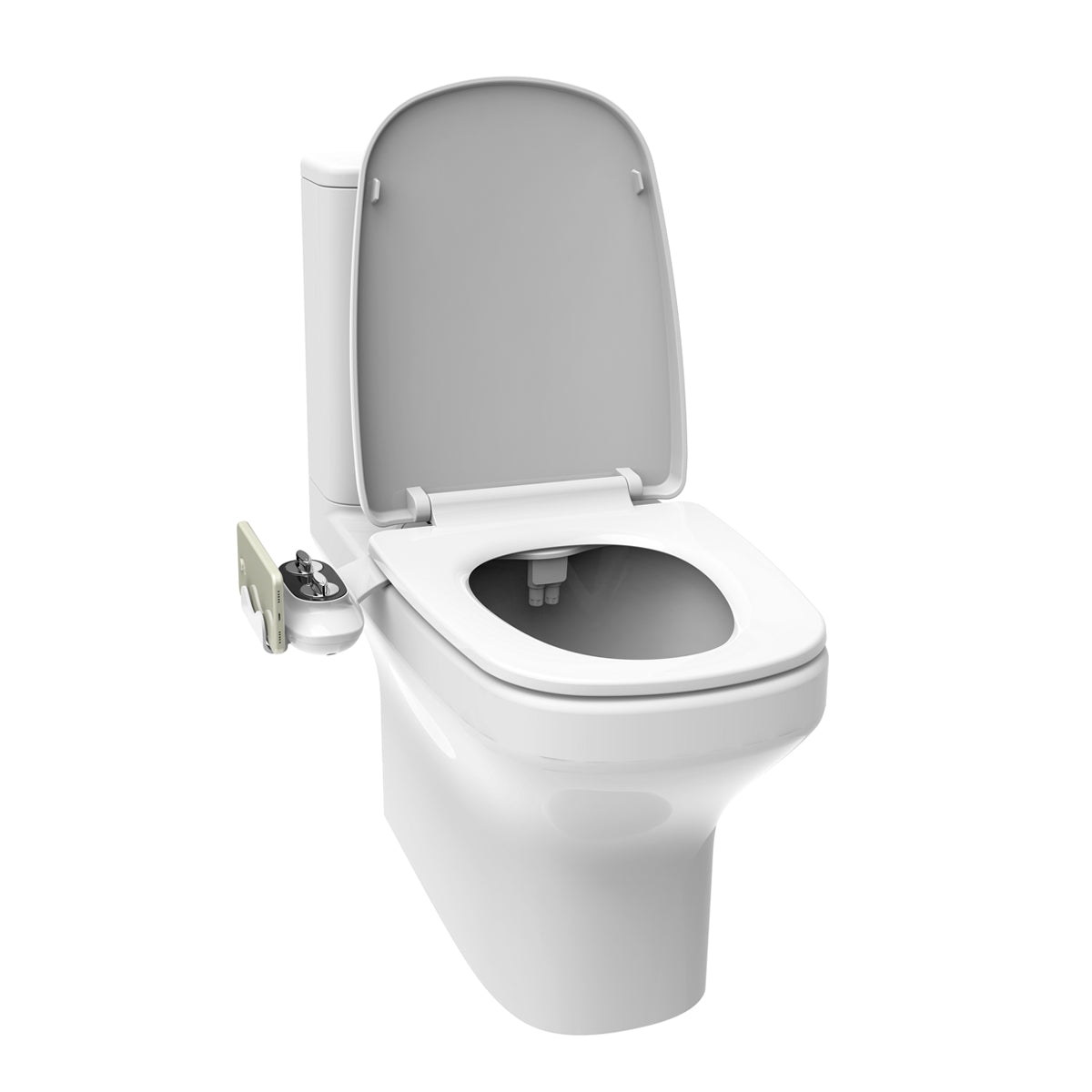 Toilet bidet dual nozzle spray front feminine rear wash knob controls phone holder white