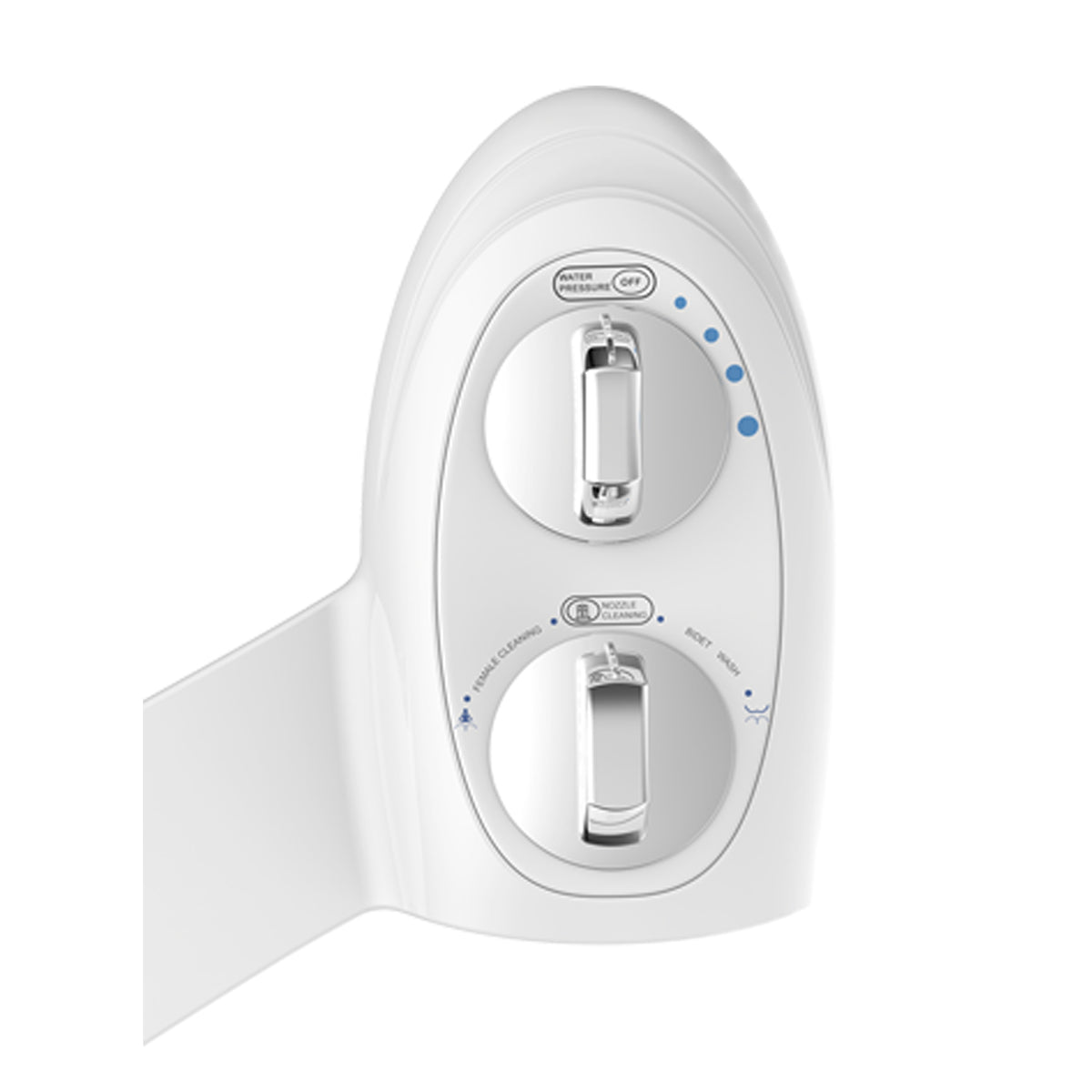 Toilet bidet two silver color knob handles dual nozzle spray guard shield front feminine and rear wash white