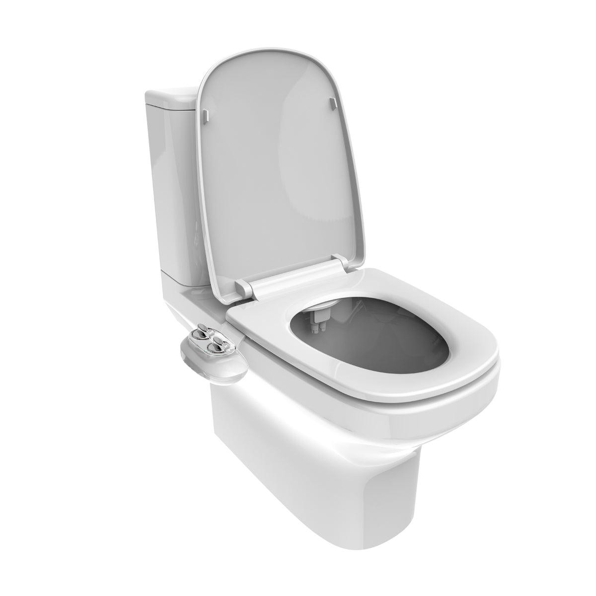 Toilet bidet two silver color knob handles dual nozzle spray guard shield front feminine and rear wash white