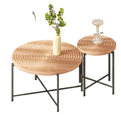 2-Piece Coffee and End Table Set – Waterproof MDF with PVC Cover, Distressed Cylindrical Design, Black Metal Legs – Classic Rustic Charm, Red Cedar-Brown