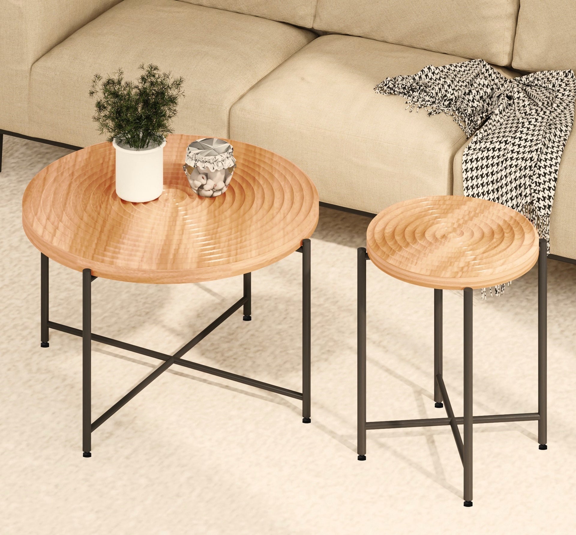 2-Piece Coffee and End Table Set – Waterproof MDF with PVC Cover, Distressed Cylindrical Design, Black Metal Legs – Classic Rustic Charm, Red Cedar-Brown