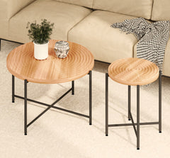 2-Piece Coffee and End Table Set – Waterproof MDF with PVC Cover, Distressed Cylindrical Design, Black Metal Legs – Classic Rustic Charm, Red Cedar-Brown