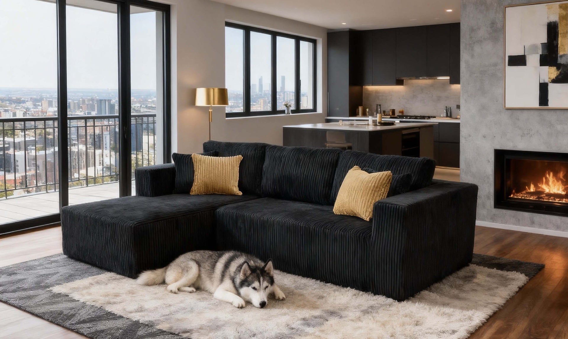 Full Compressed Corduroy Upholstered Sectional - No Assembly Needed