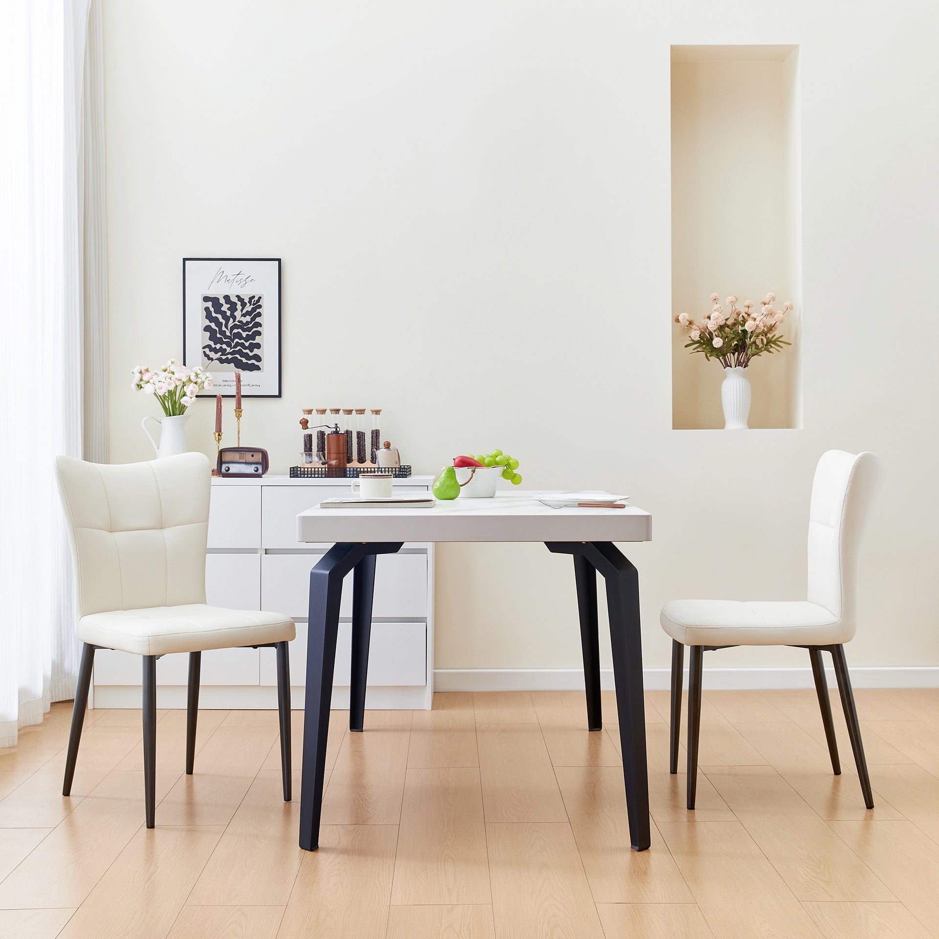 Set of 2 High-Back Dining Chairs with Ergonomic Design: Wrought Iron Frame, Leather Seat, and High-Rebound Sponge Cushions