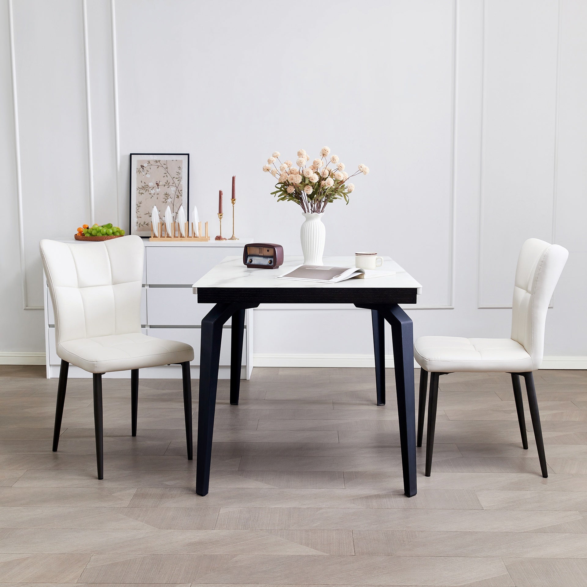 Set of 2 High-Back Dining Chairs with Ergonomic Design: Wrought Iron Frame, Leather Seat, and High-Rebound Sponge Cushions