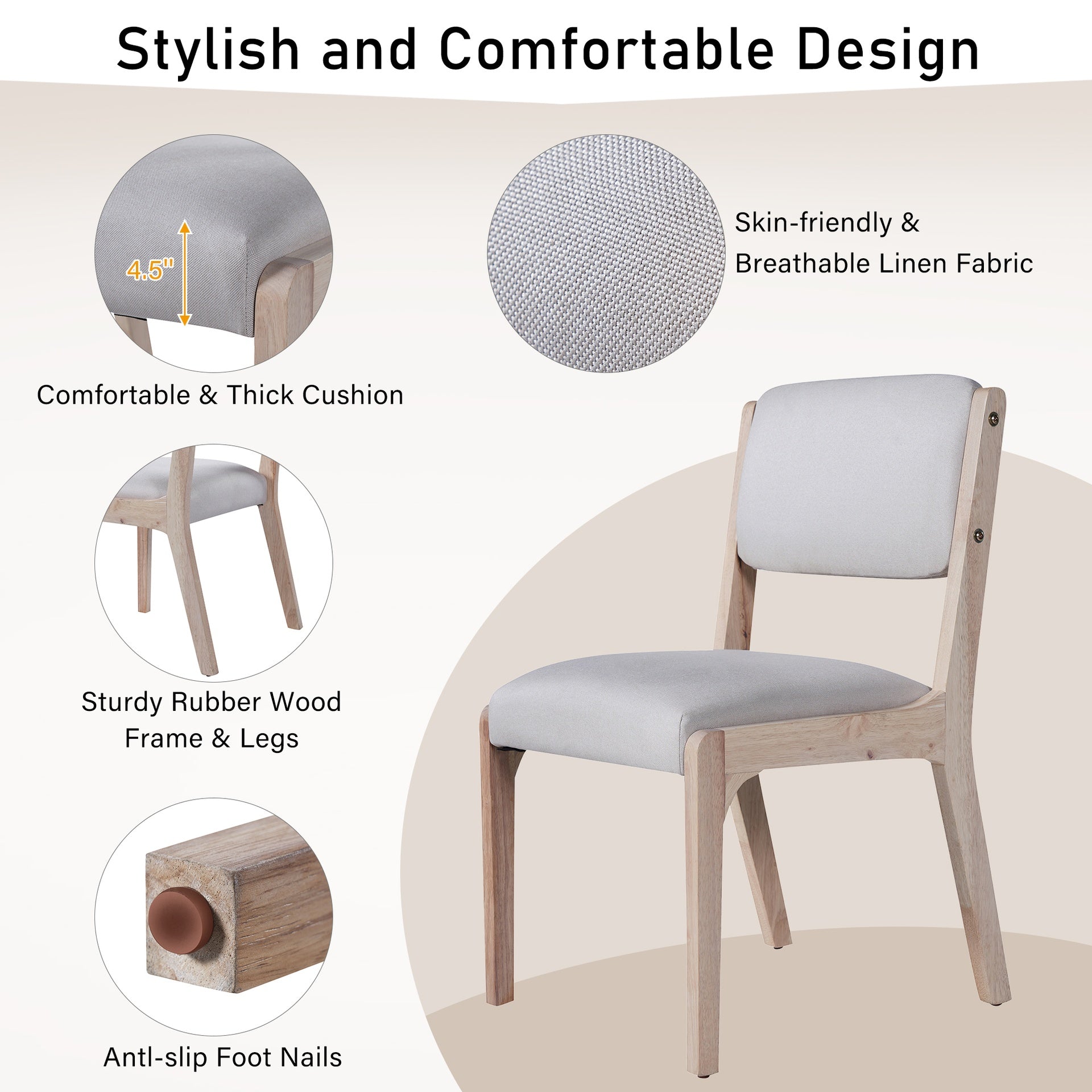 Wood Dining Chairs Set of 2, Modern Farmhouse Accent Chairs with Solid Wood Legs and Padded Seat, Modern Linen Kitchen & Dining Chairs Side Chairs for Dining Room, Beige