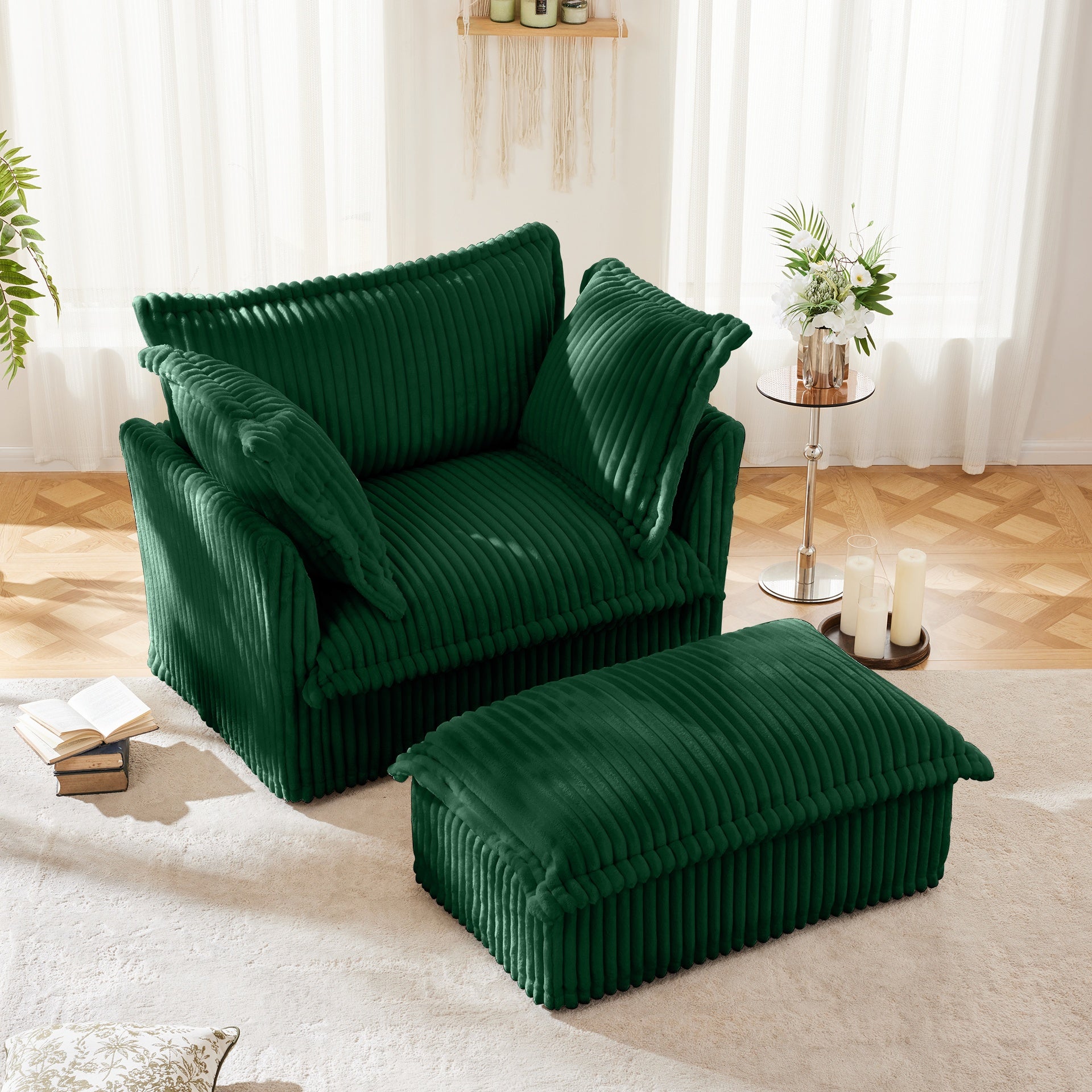 Upholstered Slipcovered Armchair with Ottoman,  Deep Seat Armchair W/ Wide Ottoman for Living Room, Armchair Sets with Large Soft Pillows(Set of 2), Green Corduroy Fabric