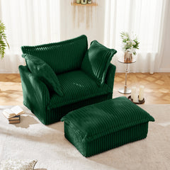 Upholstered Slipcovered Armchair with Ottoman,  Deep Seat Armchair W/ Wide Ottoman for Living Room, Armchair Sets with Large Soft Pillows(Set of 2), Green Corduroy Fabric