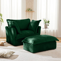 Upholstered Slipcovered Armchair with Ottoman,  Deep Seat Armchair W/ Wide Ottoman for Living Room, Armchair Sets with Large Soft Pillows(Set of 2), Green Corduroy Fabric
