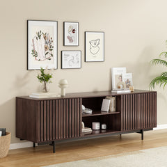 Mid Century Modern TV Stand for TVs Up to 75", Farmhouse Fluted TV Stand, Retro Wood TV Stand with Storage and Shelf, Entertainment Center with Pop-Up Doors for Living Room, Bedroom