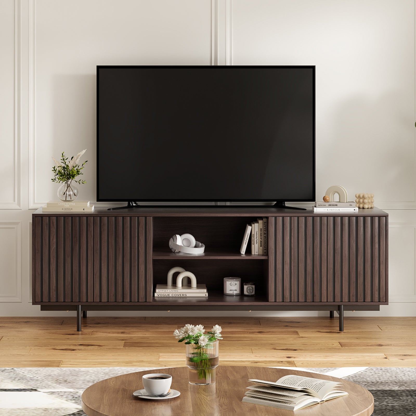 Mid Century Modern TV Stand for TVs Up to 75", Farmhouse Fluted TV Stand, Retro Wood TV Stand with Storage and Shelf, Entertainment Center with Pop-Up Doors for Living Room, Bedroom