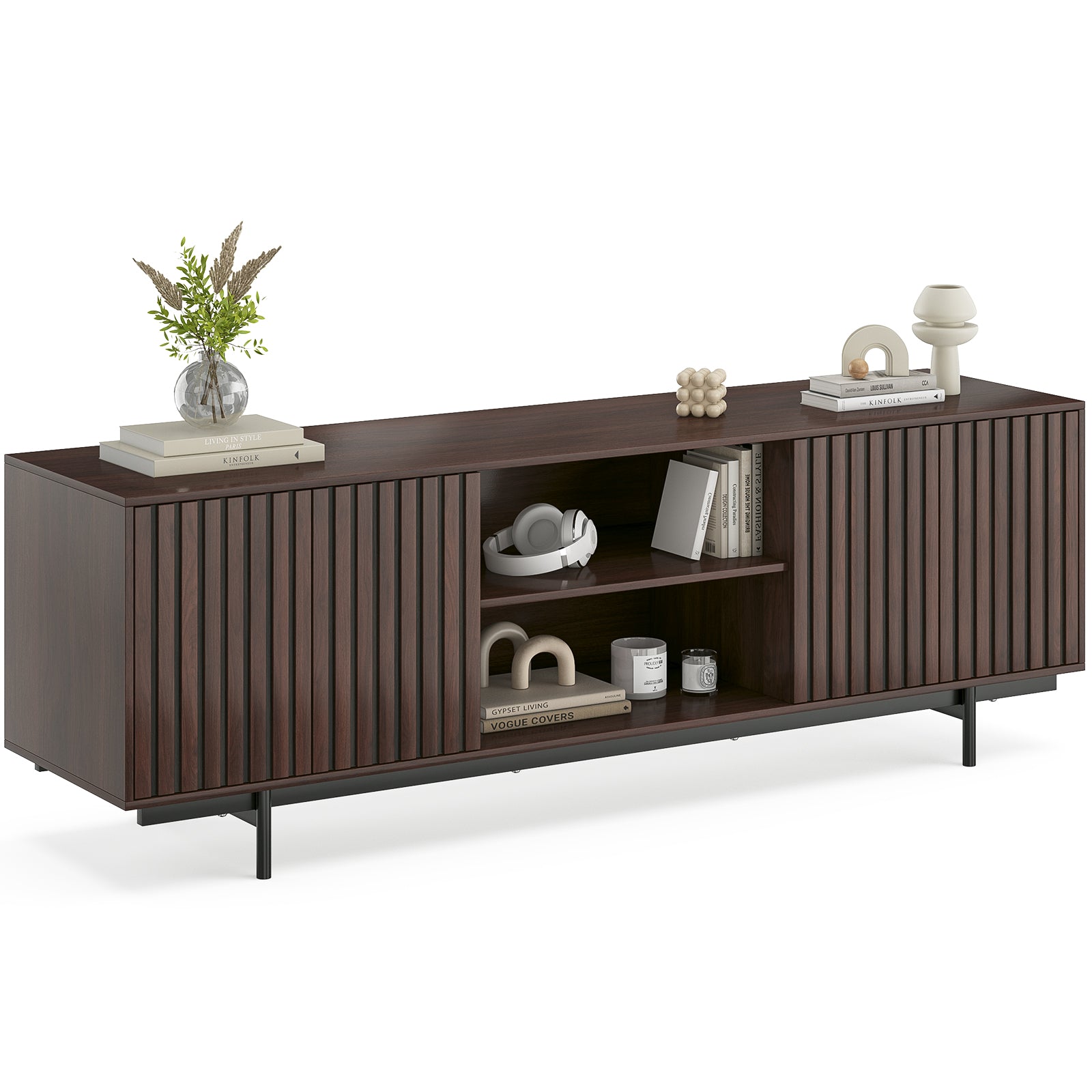 Mid Century Modern TV Stand for TVs Up to 75", Farmhouse Fluted TV Stand, Retro Wood TV Stand with Storage and Shelf, Entertainment Center with Pop-Up Doors for Living Room, Bedroom