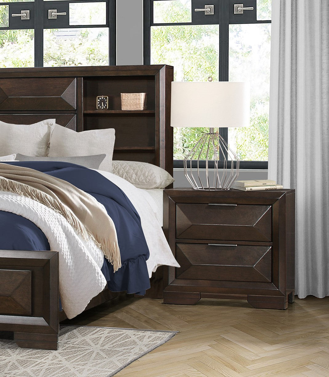 Contemporary Design 2-Drawers Nightstand 1pc Bedroom Furniture Warm Espresso Finish Raised Panel Front