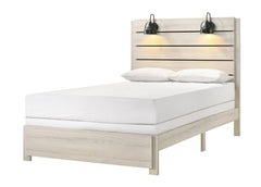 1pc Rustic Style Butcher Block Finish Weathered Cream White Finish Queen Size Bed w/ Lamp Wooden Bedroom Furniture