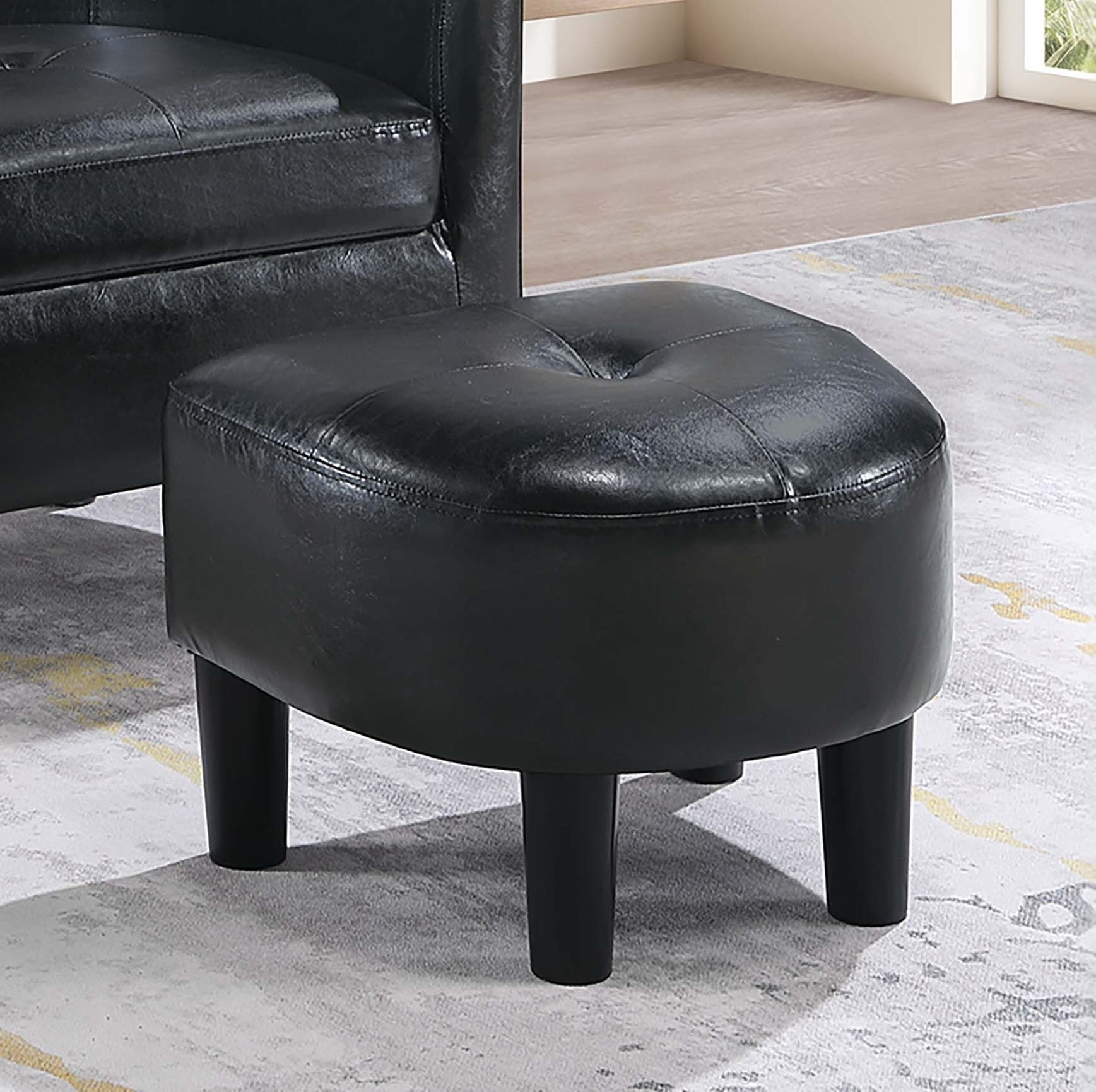 Sleek Modern Black Accent Chair w Ottoman Fabric Upholstered Round Backrest Compact Chair Faux Leather
