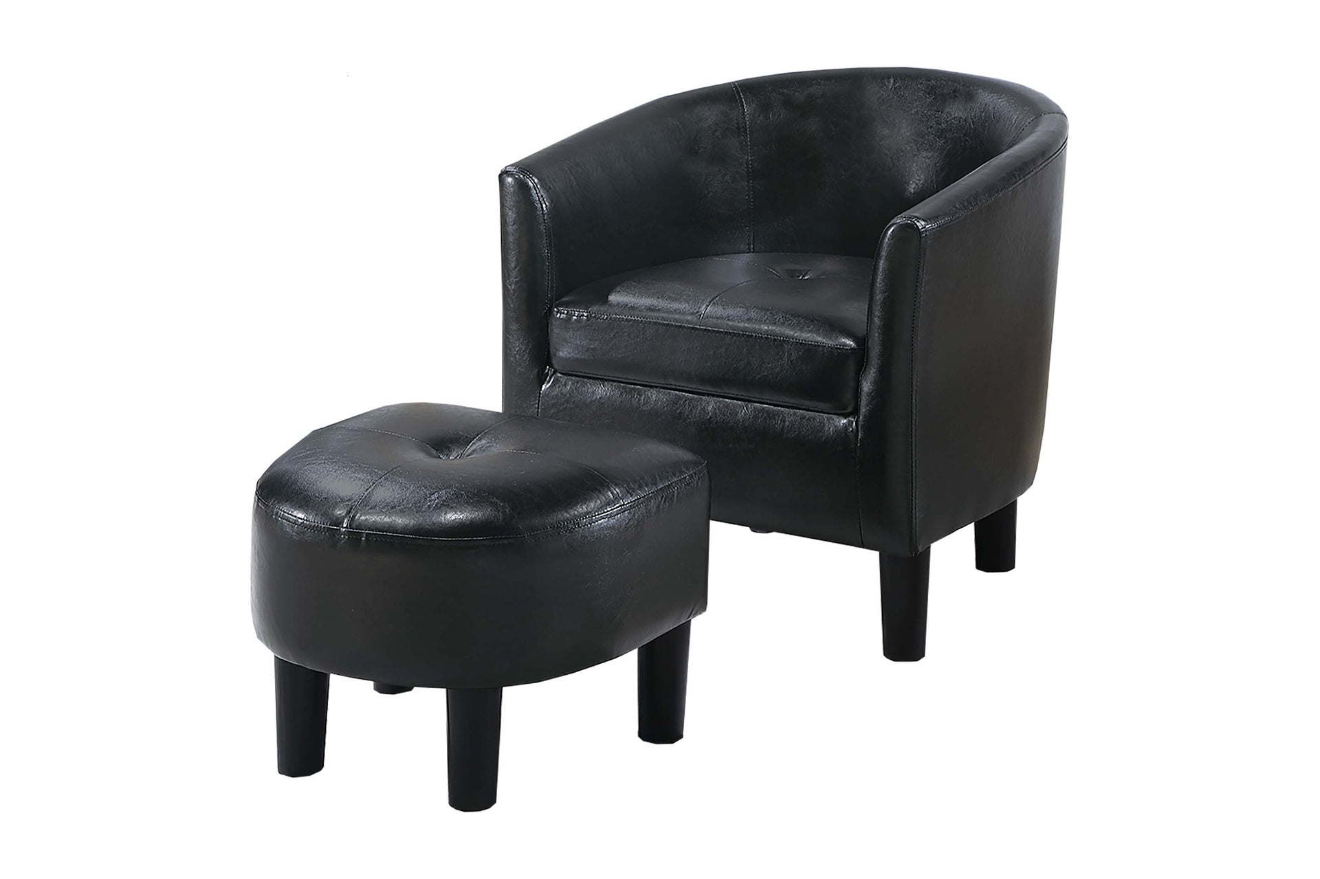 Sleek Modern Black Accent Chair w Ottoman Fabric Upholstered Round Backrest Compact Chair Faux Leather