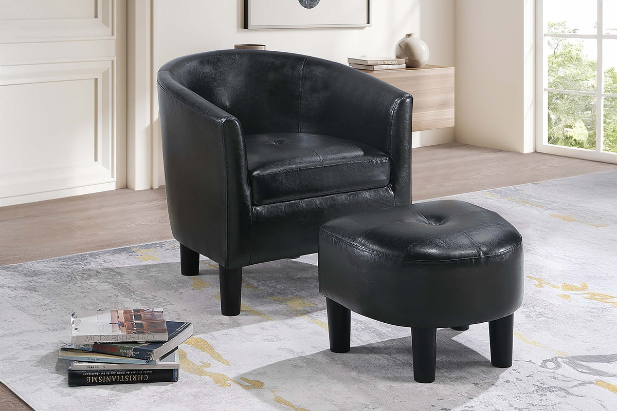 Sleek Modern Black Accent Chair w Ottoman Fabric Upholstered Round Backrest Compact Chair Faux Leather