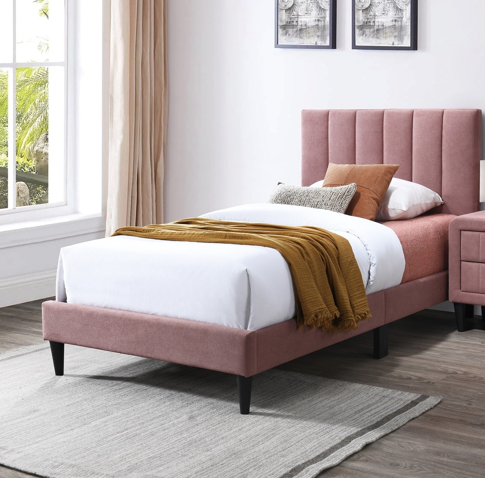 1pc Full Size Bed Pink Finish Channel Tufted Adjustable Headboard Middle Support Legs Bedroom Furniture