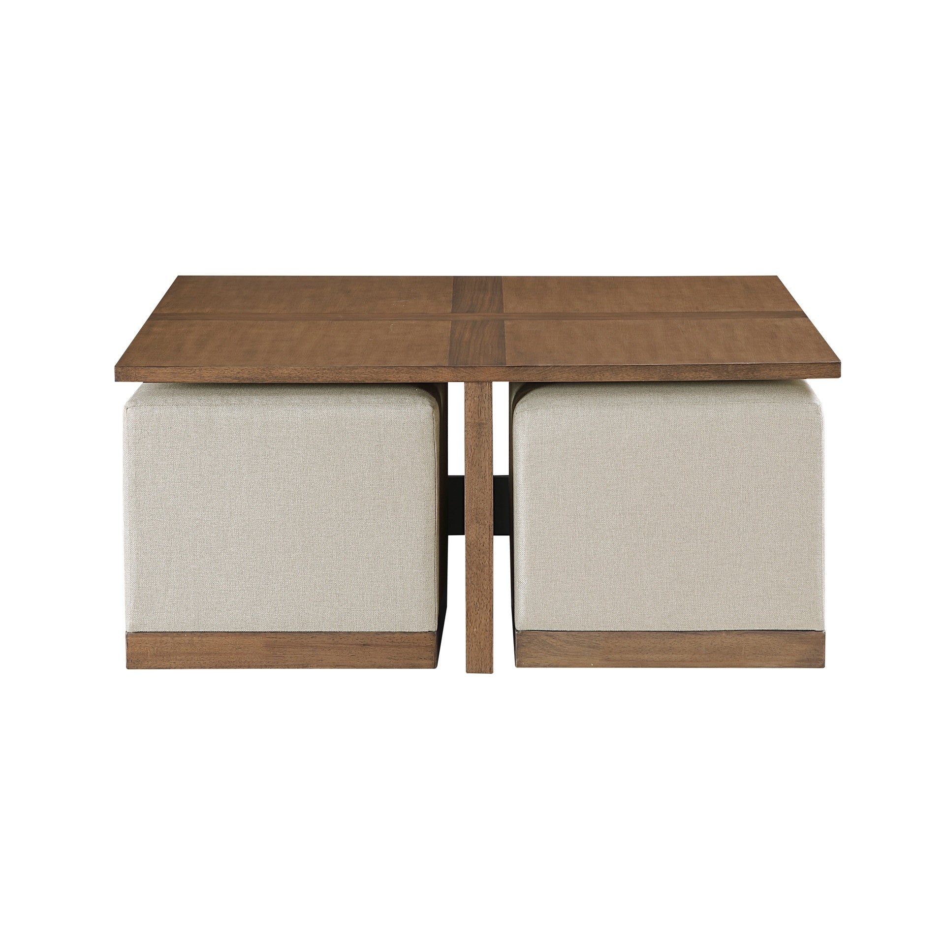Contemporary Square Cocktail Table Set with 4x Upholstered Stools Brown Finish Wooden Furniture Coffee Table 1pc
