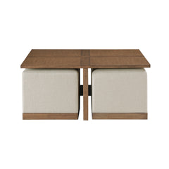 Contemporary Square Cocktail Table Set with 4x Upholstered Stools Brown Finish Wooden Furniture Coffee Table 1pc