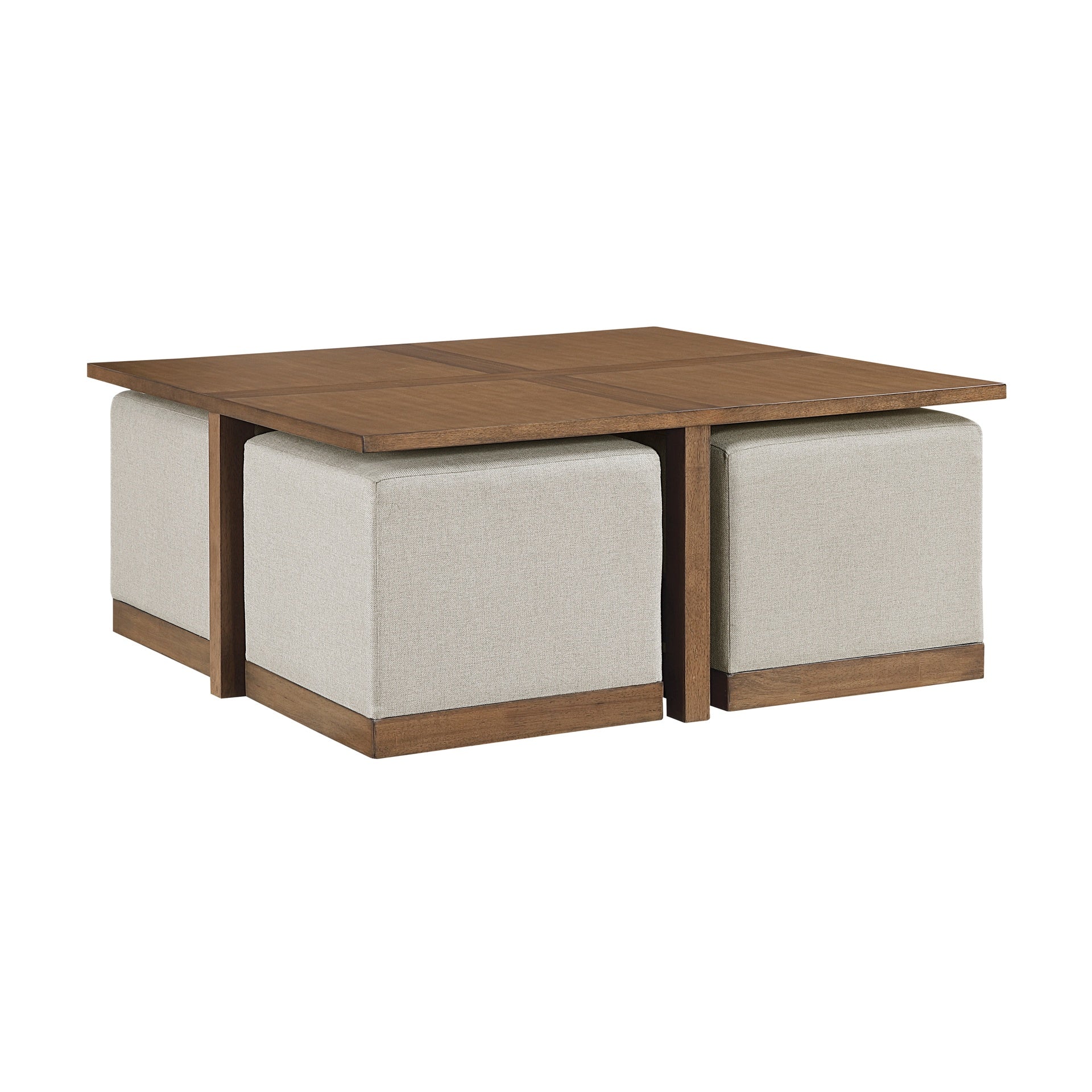Contemporary Square Cocktail Table Set with 4x Upholstered Stools Brown Finish Wooden Furniture Coffee Table 1pc