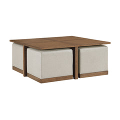 Contemporary Square Cocktail Table Set with 4x Upholstered Stools Brown Finish Wooden Furniture Coffee Table 1pc