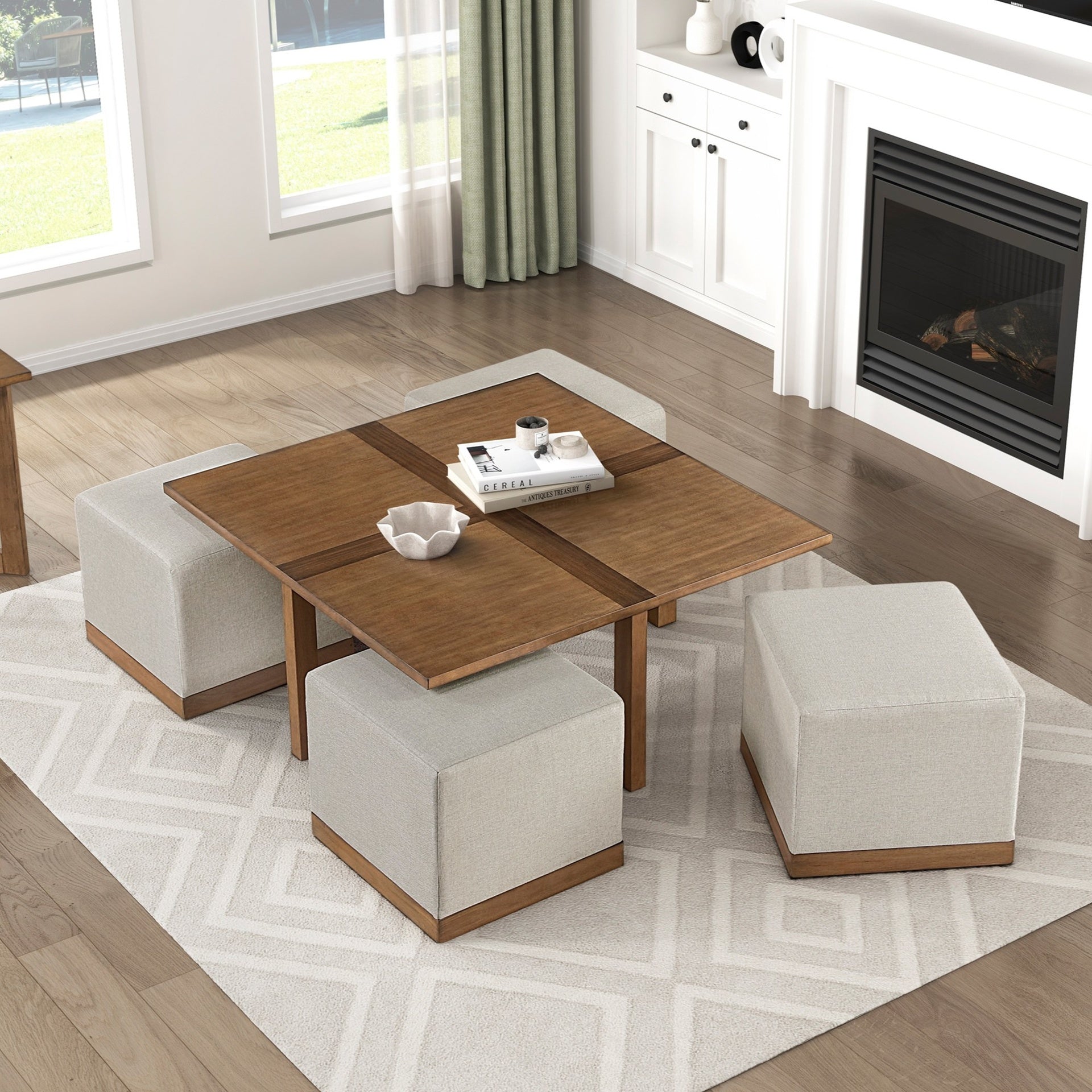 Contemporary Square Cocktail Table Set with 4x Upholstered Stools Brown Finish Wooden Furniture Coffee Table 1pc