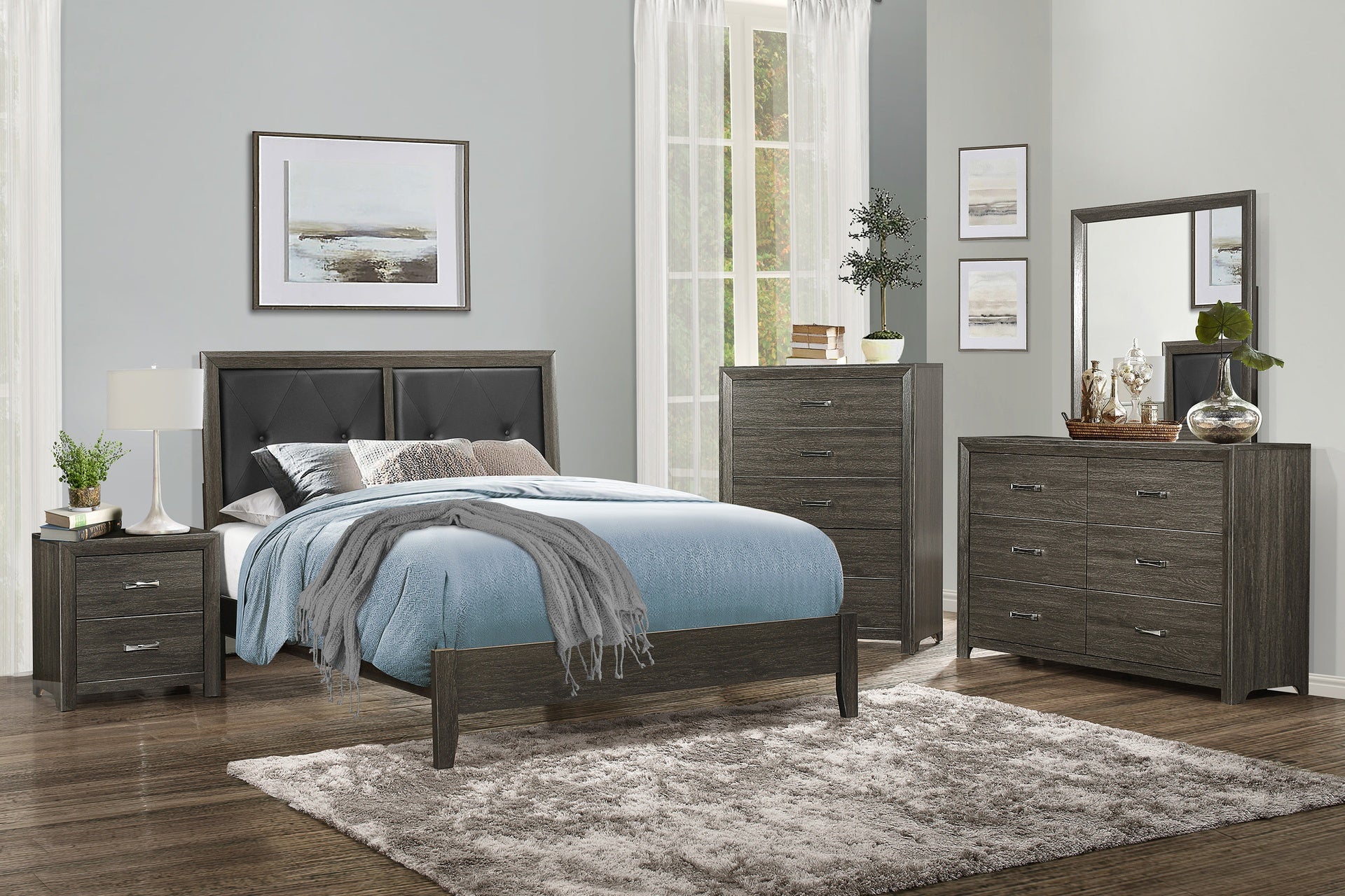 Contemporary Design Dark Gray Finish Queen Bed 1pc Button-Tufted Faux Leather Upholstered Headboard Wooden Bedroom Furniture