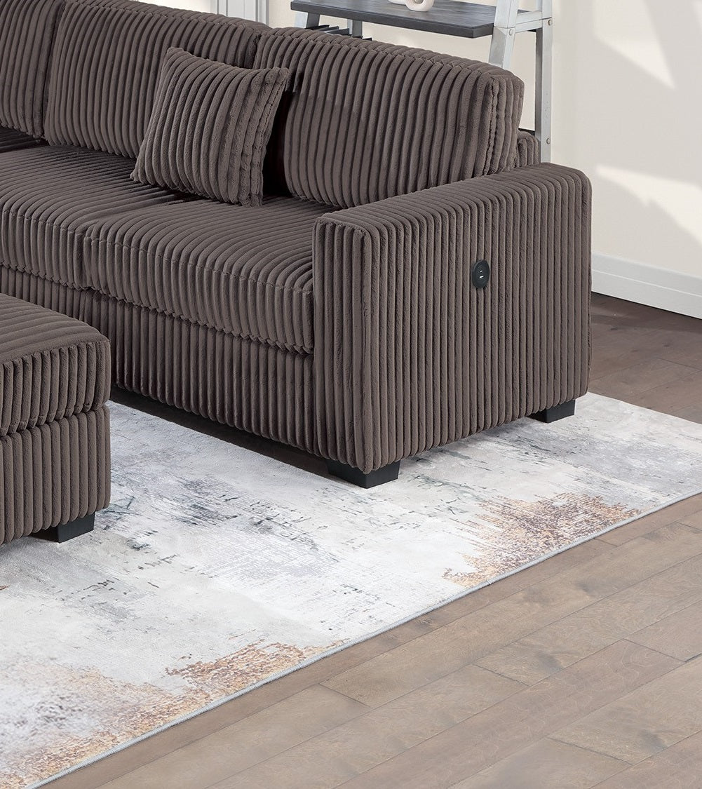 Living Room Corduroy Upholstered Chocolate 4pc Sectional Set RAF/LAF One-Arm Loveseat W/USB, Corner Wedge, Cocktail Ottoman Cushion Couch