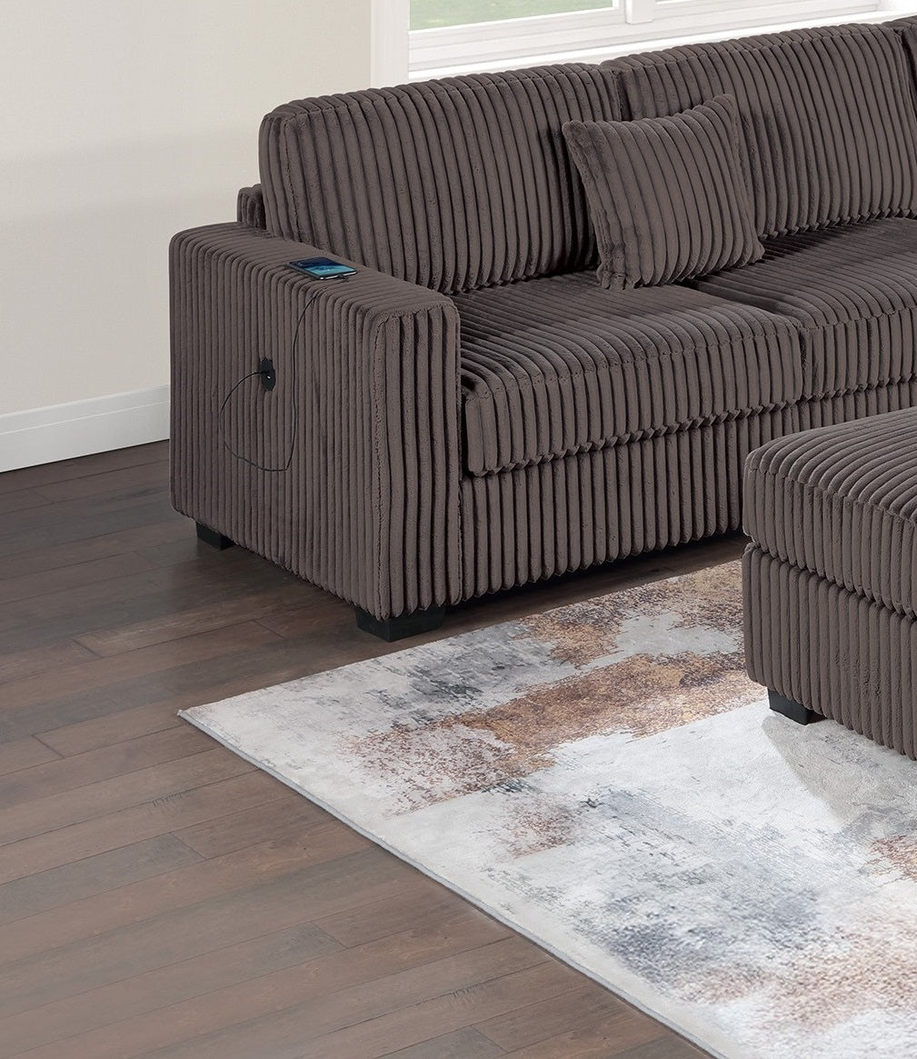 Living Room Corduroy Upholstered Chocolate 4pc Sectional Set RAF/LAF One-Arm Loveseat W/USB, Corner Wedge, Cocktail Ottoman Cushion Couch