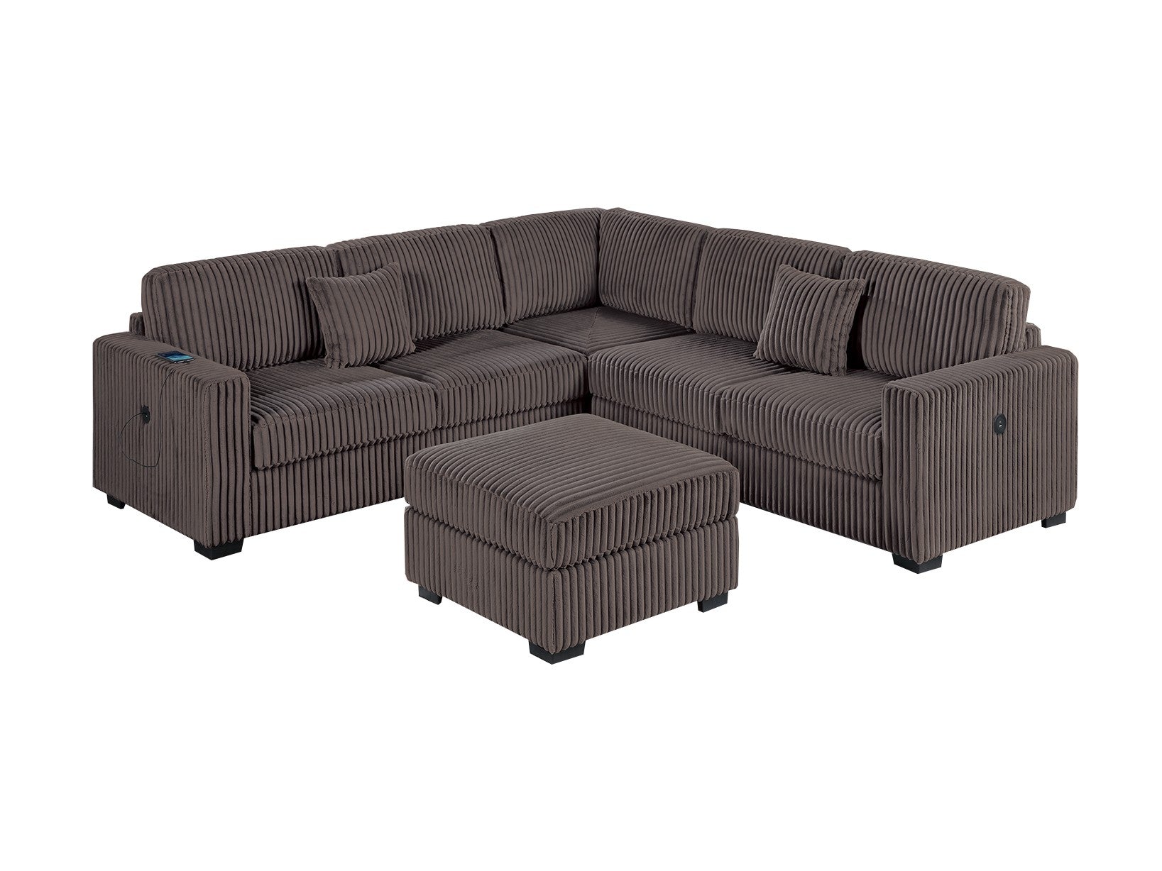 Living Room Corduroy Upholstered Chocolate 4pc Sectional Set RAF/LAF One-Arm Loveseat W/USB, Corner Wedge, Cocktail Ottoman Cushion Couch