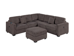 Living Room Corduroy Upholstered Chocolate 4pc Sectional Set RAF/LAF One-Arm Loveseat W/USB, Corner Wedge, Cocktail Ottoman Cushion Couch