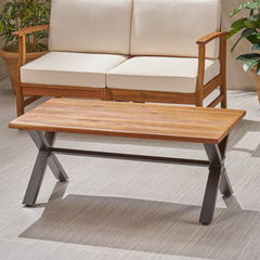 Outdoor Acacia Wood Coffee Table, Teak Finish / Rustic Metal,Black and Brown, 18'' H X 27.25'' W X 43.25'' L