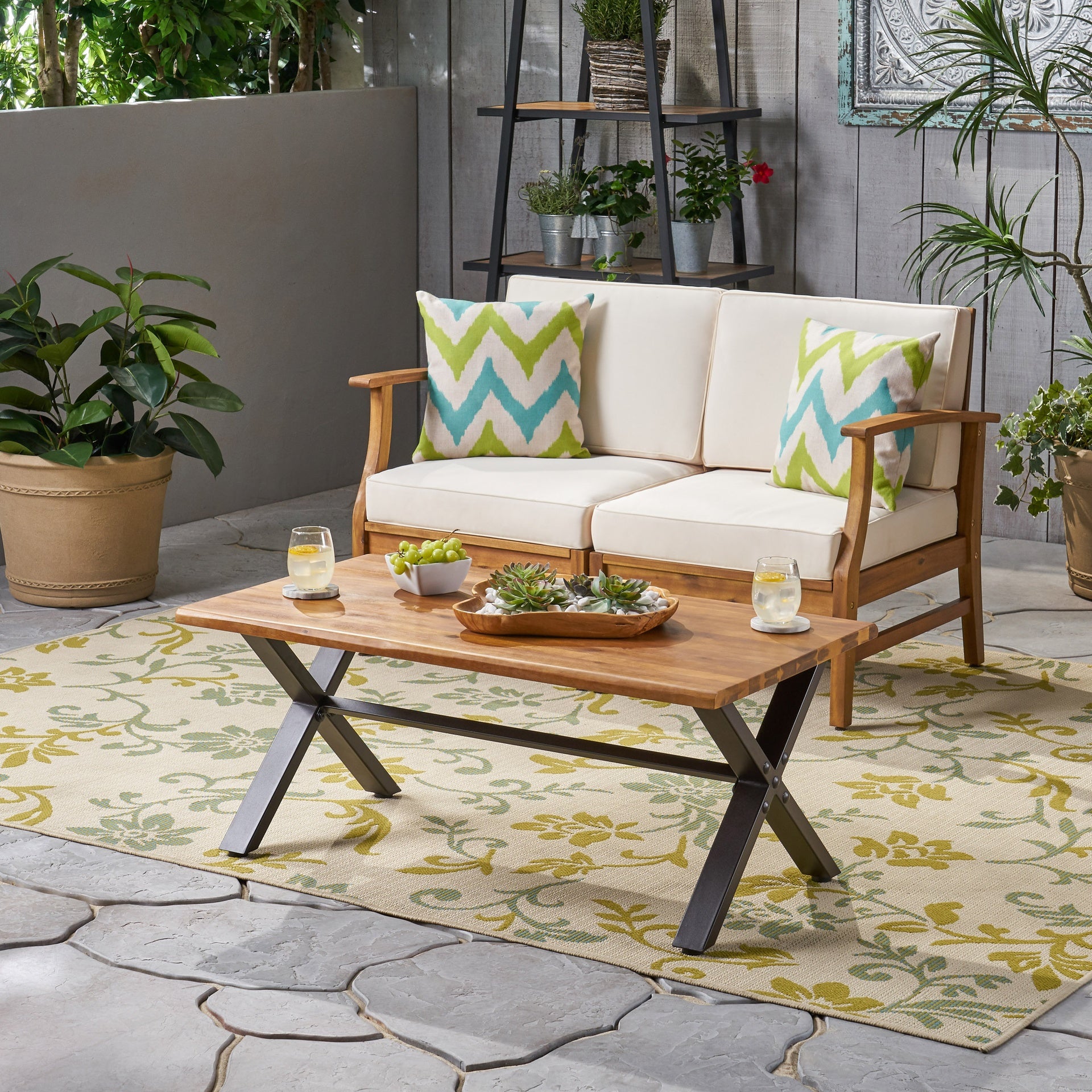 Outdoor Acacia Wood Coffee Table, Teak Finish / Rustic Metal,Black and Brown, 18'' H X 27.25'' W X 43.25'' L
