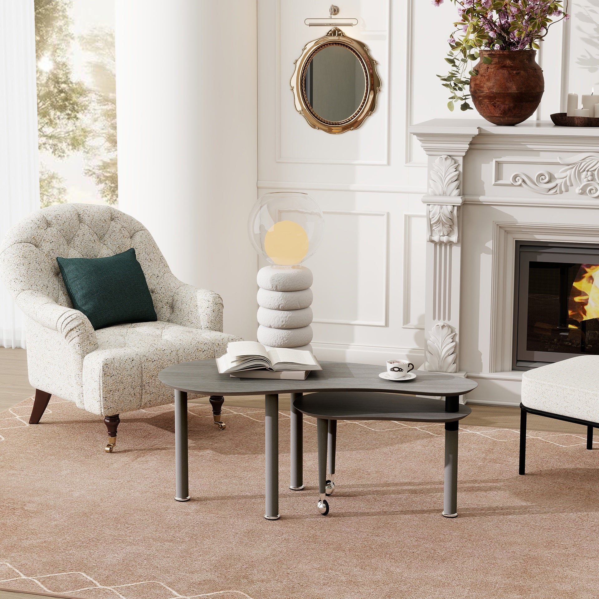 Contemporary rotatable cocktail table with solid rubber wood legs, 360 degree rotating coffee table with wood grain veneer tabletop grey brown / walnut / black finish for living room, bedroom