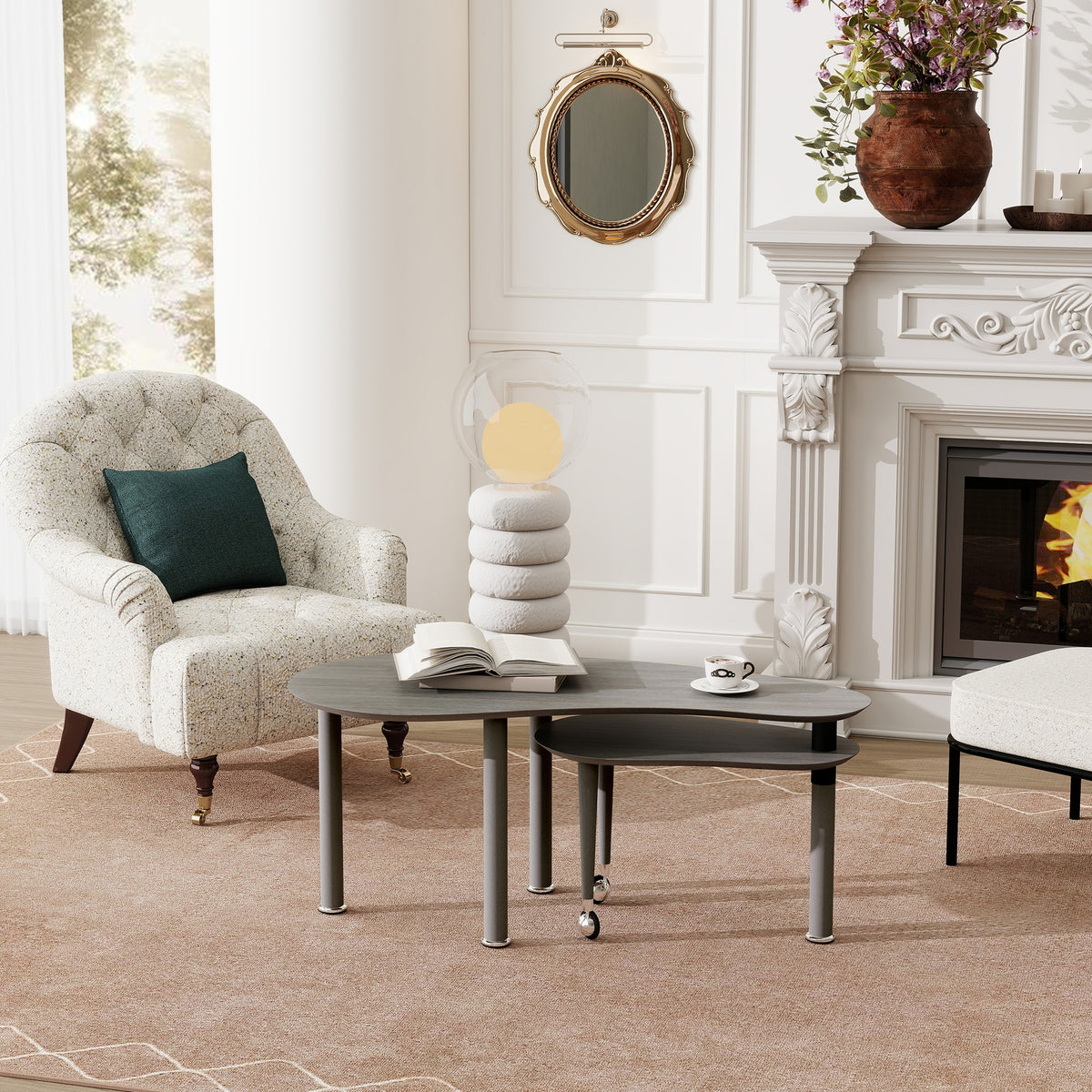 Contemporary rotatable cocktail table with solid rubber wood legs, 360 degree rotating coffee table with wood grain veneer tabletop grey brown / walnut / black finish for living room, bedroom