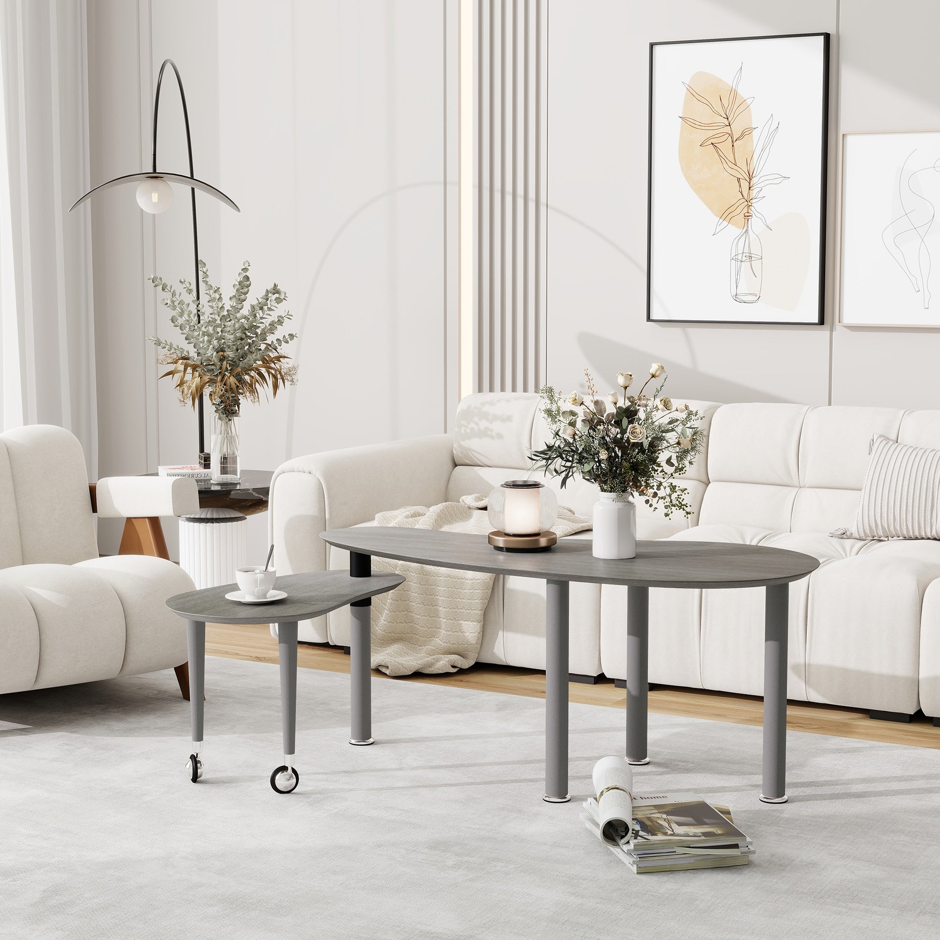Contemporary rotatable cocktail table with solid rubber wood legs, 360 degree rotating coffee table with wood grain veneer tabletop grey brown / walnut / black finish for living room, bedroom