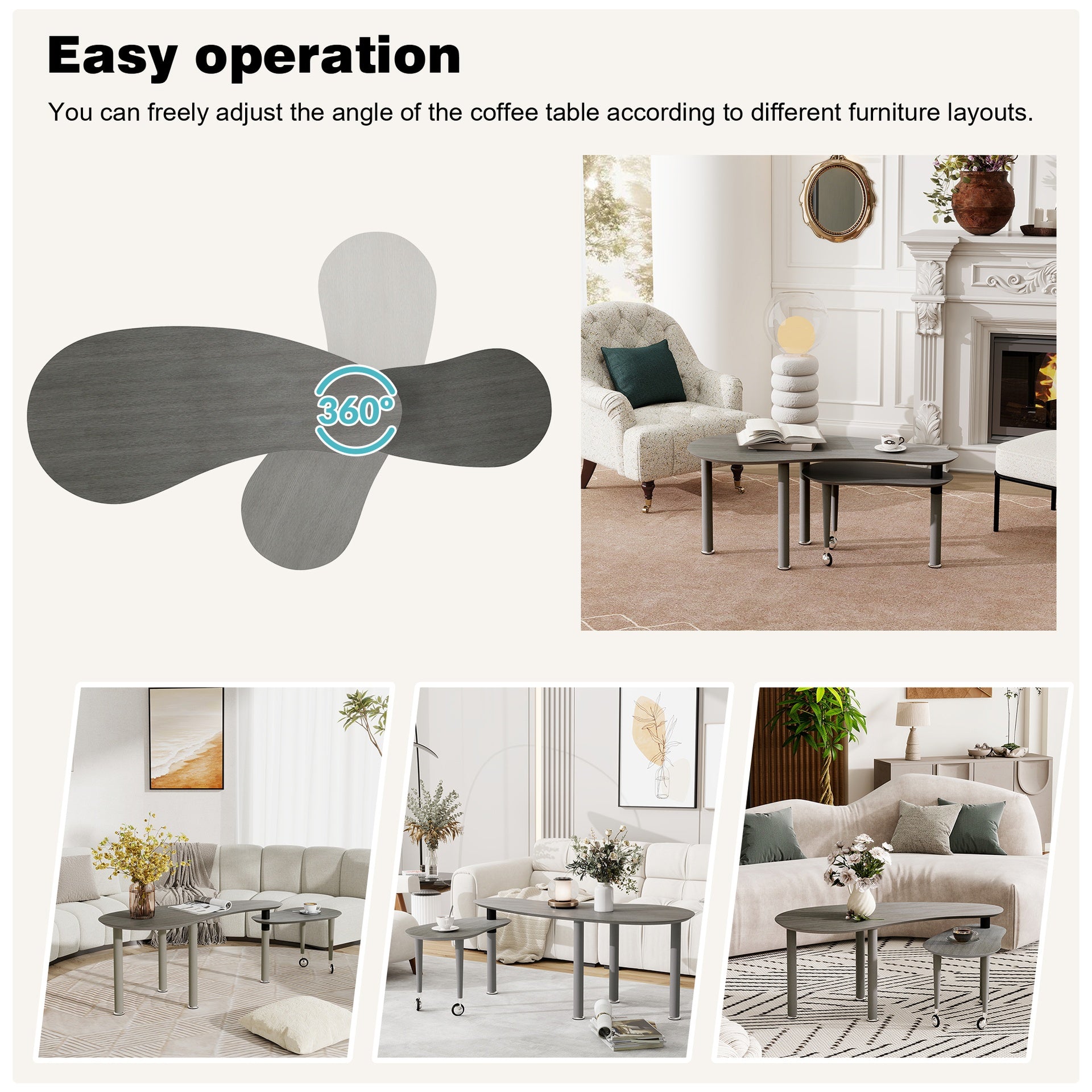 Contemporary rotatable cocktail table with solid rubber wood legs, 360 degree rotating coffee table with wood grain veneer tabletop grey brown / walnut / black finish for living room, bedroom
