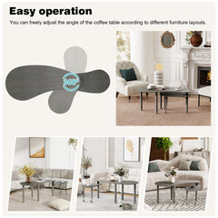 Contemporary rotatable cocktail table with solid rubber wood legs, 360 degree rotating coffee table with wood grain veneer tabletop grey brown / walnut / black finish for living room, bedroom