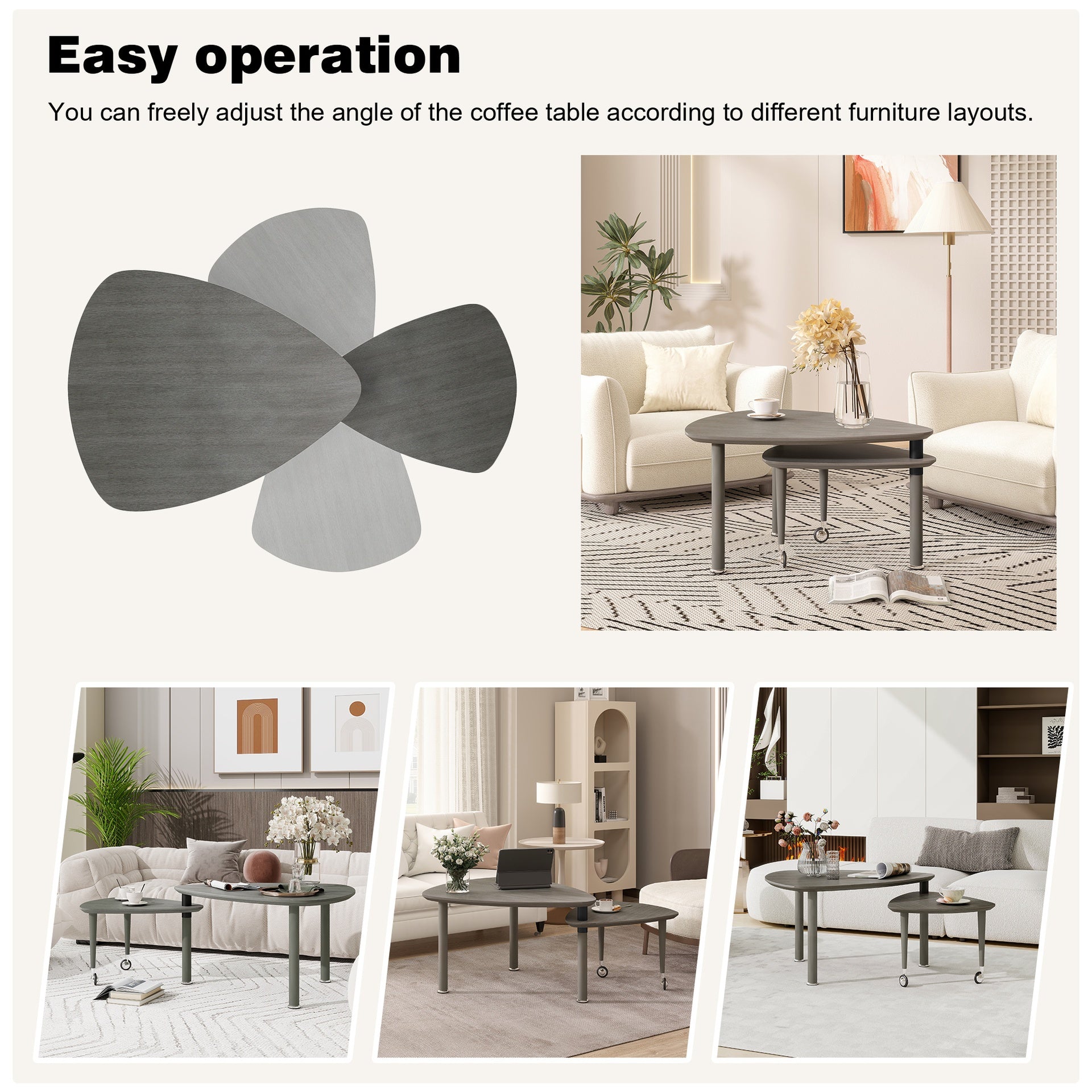 360 degree Rotatable modern Coffee Table for Living Room, solid wood legs with simply assemble Cocktail Table, Rotating Modern Apartment Wood Furniture Gray OAK veneer wear-resistant PU painted top