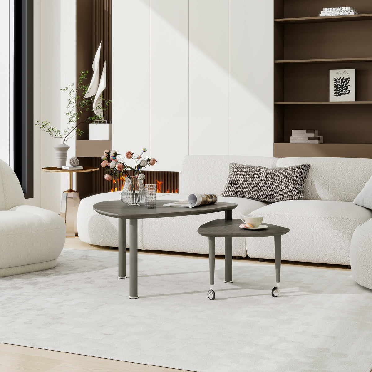 360 degree Rotatable modern Coffee Table for Living Room, solid wood legs with simply assemble Cocktail Table, Rotating Modern Apartment Wood Furniture Gray OAK veneer wear-resistant PU painted top