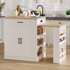 Extendable island console with drawers, double-door cabinet, and open shelving. Serves as dining table, temporary breakfast bar, and afternoon tea lounge,White