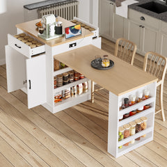 Extendable island console with drawers, double-door cabinet, and open shelving. Serves as dining table, temporary breakfast bar, and afternoon tea lounge,White