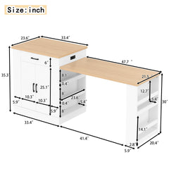 Extendable island console with drawers, double-door cabinet, and open shelving. Serves as dining table, temporary breakfast bar, and afternoon tea lounge,White