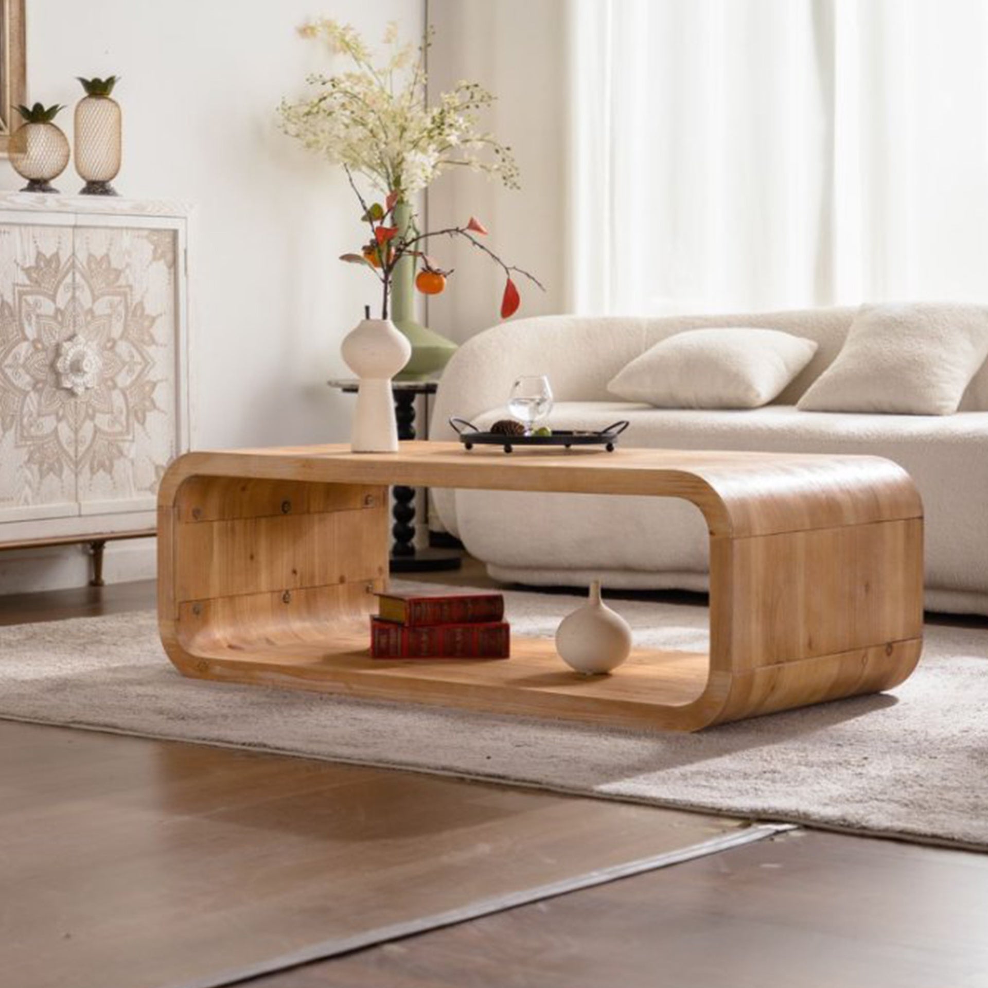 Modern Open-Frame Elegant Curved Light Wood Coffee Table with Open Storage for Contemporary Living Rooms